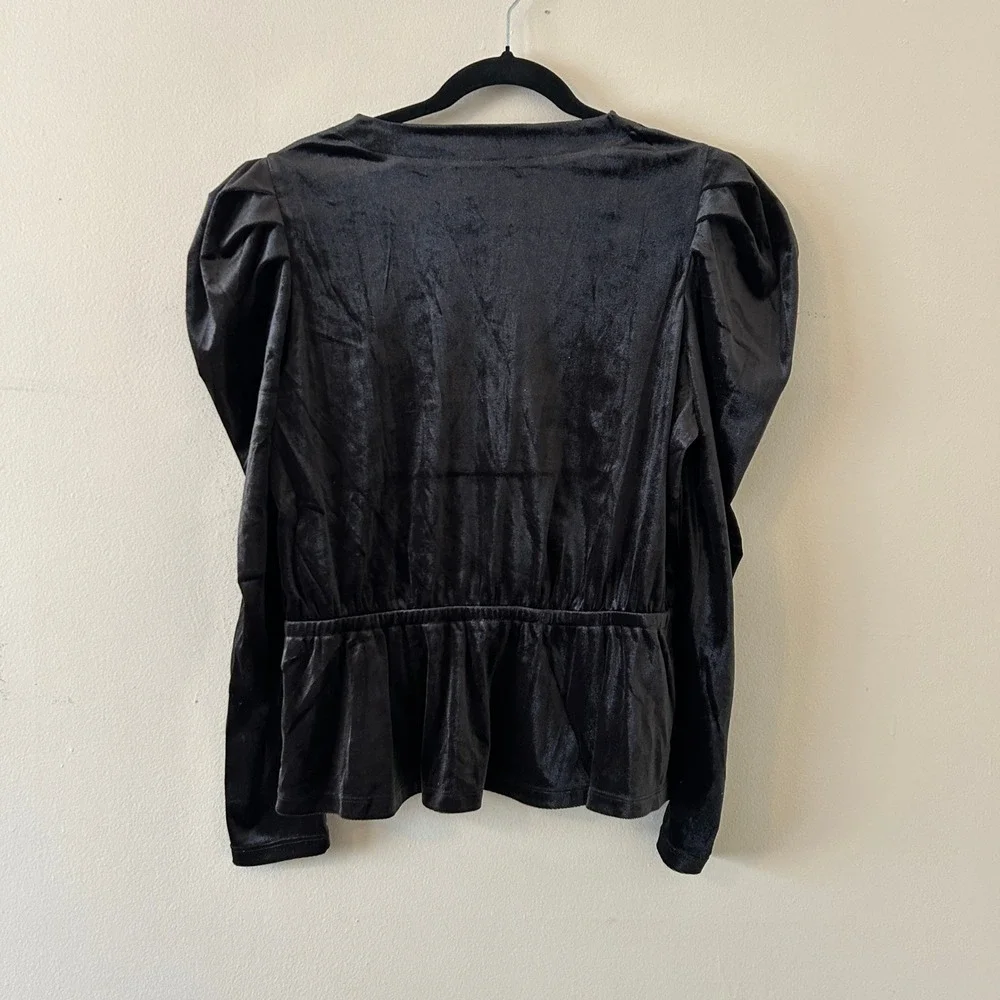LOFT Womens Black Whimsigoth Velvet Puff Sleeve Peplum Wrap Top Size L‎